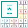 Mobile gaming flat color icons with quadrant frames on white background - Mobile gaming flat color icons with quadrant frames