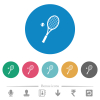 Tennis racket with ball flat white icons on round color backgrounds. 6 bonus icons included. - Tennis racket with ball flat round icons