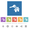 Key and house on keyring flat white icons in square backgrounds. 6 bonus icons included. - Key and house on keyring flat white icons in square backgrounds