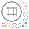 Spreadsheet table flat color icons in round outlines on white background - Spreadsheet table flat icons with outlines