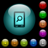 Mobile search icons in color illuminated spherical glass buttons on black background. Can be used to black or dark templates - Mobile search icons in color illuminated glass buttons