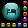 Hotel icons in color illuminated spherical glass buttons on black background. Can be used to black or dark templates - Hotel icons in color illuminated glass buttons