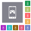 Mobile gaming flat icons on simple color square backgrounds - Mobile gaming square flat icons