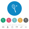 Tennis racket with ball flat white icons on round color backgrounds. 6 bonus icons included. - Tennis racket with ball flat round icons