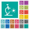 Microscope and virus multi colored flat icons on plain square backgrounds. Included white and darker icon variations for hover or active effects. - Microscope and virus square flat multi colored icons