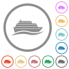 Cruise ship with wave flat icons with outlines - Cruise ship with wave flat color icons in round outlines on white background