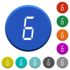 digital number six of seven segment type round color beveled buttons with smooth surfaces and flat white icons - digital number six of seven segment type beveled buttons