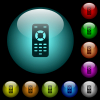 Remote control icons in color illuminated glass buttons - Remote control icons in color illuminated spherical glass buttons on black background. Can be used to black or dark templates