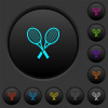 Two tennis rackets dark push buttons with vivid color icons on dark grey background - Two tennis rackets dark push buttons with color icons