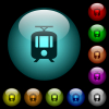 Tram icons in color illuminated spherical glass buttons on black background. Can be used to black or dark templates - Tram icons in color illuminated glass buttons