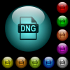DNG file format icons in color illuminated spherical glass buttons on black background. Can be used to black or dark templates - DNG file format icons in color illuminated glass buttons