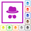 Incognito with glasses flat framed icons - Incognito with glasses flat color icons in square frames on white background