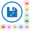 Uncompress file icons with shadows and outlines - Uncompress file flat color vector icons with shadows in round outlines on white background
