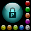 Locked Rubles icons in color illuminated spherical glass buttons on black background. Can be used to black or dark templates - Locked Rubles icons in color illuminated glass buttons