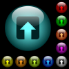 Upload icons in color illuminated spherical glass buttons on black background. Can be used to black or dark templates - Upload icons in color illuminated glass buttons