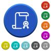 Scroll with certificate on right round color beveled buttons with smooth surfaces and flat white icons - Scroll with certificate on right beveled buttons