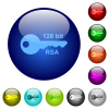 128 bit rsa encryption icons on round glass buttons in multiple colors. Arranged layer structure - 128 bit rsa encryption color glass buttons