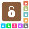 Unlocked round padlock with keyhole flat icons on rounded square vivid color backgrounds. - Unlocked round padlock with keyhole rounded square flat icons
