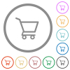 Empty shopping cart flat icons with outlines - Empty shopping cart flat color icons in round outlines on white background