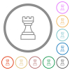 White chess rook flat color icons in round outlines on white background - White chess rook flat icons with outlines