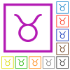 Taurus zodiac symbol flat framed icons - Taurus zodiac symbol flat color icons in square frames on white background