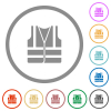 High visibility safety vest flat icons with outlines - High visibility safety vest flat color icons in round outlines on white background