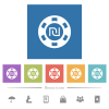 New Shekel casino chip flat white icons in square backgrounds - New Shekel casino chip flat white icons in square backgrounds. 6 bonus icons included.