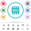 MPG movie format flat color icons in circle shape outlines. 12 bonus icons included. - MPG movie format flat color icons in circle shape outlines