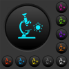 Microscope and virus dark push buttons with vivid color icons on dark grey background - Microscope and virus dark push buttons with color icons