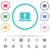 Laptop with Rupee sign flat color icons in circle shape outlines. 12 bonus icons included. - Laptop with Rupee sign flat color icons in circle shape outlines