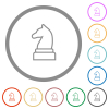 White chess knight flat color icons in round outlines on white background - White chess knight flat icons with outlines