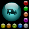 Fast delivery truck icons in color illuminated spherical glass buttons on black background. Can be used to black or dark templates - Fast delivery truck icons in color illuminated glass buttons