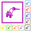 House key flat color icons in square frames on white background - House key flat framed icons