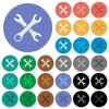 Two wrenches multi colored flat icons on round backgrounds. Included white, light and dark icon variations for hover and active status effects, and bonus shades. - Two wrenches round flat multi colored icons