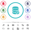 Database search flat color icons in circle shape outlines - Database search flat color icons in circle shape outlines. 12 bonus icons included.