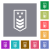 Military insignia with three chevrons and three stars flat icons on simple color square backgrounds - Military insignia with three chevrons and three stars square flat icons