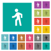 Man walking left square flat multi colored icons - Man walking left multi colored flat icons on plain square backgrounds. Included white and darker icon variations for hover or active effects.