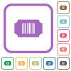 Ticket with barcode simple icons in color rounded square frames on white background - Ticket with barcode simple icons