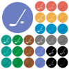 Hockey stick and puck multi colored flat icons on round backgrounds. Included white, light and dark icon variations for hover and active status effects, and bonus shades. - Hockey stick and puck round flat multi colored icons