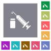 Syringe with ampoule square flat icons - Syringe with ampoule flat icons on simple color square backgrounds