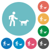 Dog walking flat white icons on round color backgrounds - Dog walking flat round icons