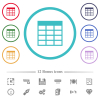 Spreadsheet table flat color icons in circle shape outlines - Spreadsheet table flat color icons in circle shape outlines. 12 bonus icons included.