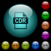 CDR file format icons in color illuminated glass buttons - CDR file format icons in color illuminated spherical glass buttons on black background. Can be used to black or dark templates
