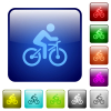 Bicycle with rider color square buttons - Bicycle with rider icons in rounded square color glossy button set