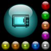 Microwave oven icons in color illuminated spherical glass buttons on black background. Can be used to black or dark templates - Microwave oven icons in color illuminated glass buttons