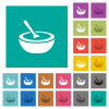 Bowl of soup with spoon multi colored flat icons on plain square backgrounds. Included white and darker icon variations for hover or active effects. - Bowl of soup with spoon square flat multi colored icons
