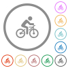 Bicycle with rider flat icons with outlines - Bicycle with rider flat color icons in round outlines on white background