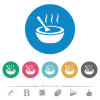 Steaming bowl of soup with spoon flat white icons on round color backgrounds. 6 bonus icons included. - Steaming bowl of soup with spoon flat round icons