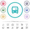 School bus with driver flat color icons in circle shape outlines. 12 bonus icons included. - School bus with driver flat color icons in circle shape outlines