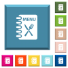 Menu with fork and knife white icons on edged square buttons - Menu with fork and knife white icons on edged square buttons in various trendy colors